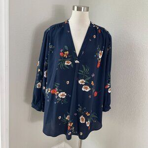 Vince Camuto Womens Plus 3X Navy Floral Blouse V Neck Long Sleeve Tunic Top
